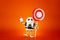 Robot with lollipop on orange background. Contains clipping path