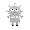 Robot looking up. nose, clock heart, diagram, open mouth with tooth. Legs wheel. Cute vintage cartoon character. Gray metal.