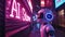 Robot looks at neon sign of AI Store on city street at night, dark cyberpunk alley with purple and blue light. Concept of dystopia