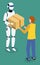Robot Machine Giving Cardboard Box to Man Vector