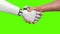 Robot and man shaking hands. Beautiful realistic 3d animation on a green background with a pass of depth of field. 4K