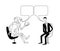 Robot and man are talking. Vector black outline image.