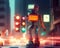 A robot managing traffic flow on a busy street corner illuminated by bright AIpowered traffic lights. . AI generation
