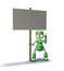 Robot mascot character pointing up to placard sign