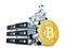 Robot with mining farm and gold bitcoin coin. 3D illustration. I