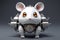 A robot mouse with glowing eyes sitting on top of a table. Generative AI image.