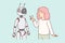 Robot nanny near little girl playing with cyborg and considering bot best friend