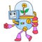 A robot with natural energy that contains a sunflower plant, doodle icon image kawaii