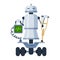 Robot nurse keeping medical equipment screen, crutch cartoon icon. Humanoid medical assistant helper.