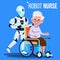 Robot Nurse Rolling Wheelchair With Elderly Woman Vector. Isolated Illustration