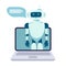 Robot online assistance and machine learning. Flat vector illustration of futuristic robot working with laptop for