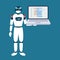 Robot online assistance and machine learning. Flat vector illustration of futuristic robot working with laptop for