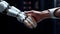 A robot outstretched hand meets the grasp of a person, Generative AI