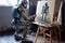 Robot paints picture at home, humanoid robot creating as artist, generative AI