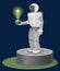 Robot on Pedestal with hologram atom structure his hand