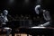 robot playing piano in a humanoid android robot crowded concert hall illustration AI Generated