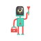 Robot plumber character, android holding tool box and plunger cartoon vector illustration