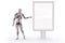 Robot pointing at a blank advertising billboard or stand mockup. 3D illustration