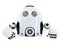 Robot pointing at blank banner. Isolated. Contains clipping path