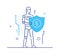 Robot protects the shield. growth charts Success, growth rates. Line icon illustration