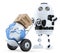 Robot pushing a hand truck with boxes. Isolated. Contains clipping path