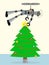 Robot putting star on top of tree using flying