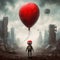 Robot With Red Balloon Leading Through Busy City