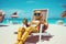 The robot is resting on a chaise longue. The robot is sunbathing on a sunny beach near the sea. Animation