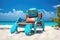 The robot is resting on a chaise longue. The robot is sunbathing on a sunny beach near the sea. Animation
