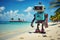 The robot is resting at a resort in a tropical paradise. The robot is sunbathing on a sunny beach near the sea. Animation