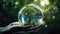 In the robot\\\'s hand, an Earth crystal glass globe and tree symbolize saving the environment, Ai Generated