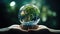 In the robot\\\'s hand, an Earth crystal glass globe and tree symbolize saving the environment, Ai Generated