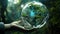 In the robot\\\'s hand, an Earth crystal glass globe and tree symbolize saving the environment, Ai Generated