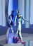 Robot`s vanity, android woman tries red high heels shoes, 3d illustration