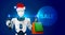 The robot in the Santa Claus hat holding gift bags in hand. Christmas sale in online store. E-Commerce.