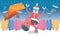 Robot Santa and flying mechanical presents is coming to town, with different colors backgrounds. Horizontal composition.