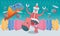 Robot Santa and flying mechanical presents is coming to town, with different colors backgrounds. Horizontal composition.