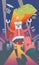 Robot Santa and flying mechanical presents is coming to town, with different colors backgrounds. Vertical composition.
