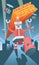 Robot Santa and flying mechanical presents is coming to town, with different colors backgrounds. Vertical composition.