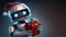 Robot in Santa hat holding a red gift box, half body view over d