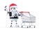 Robot Santa with shopping cart pointing at object