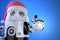 Robot Santa writes something with a pen. Contains clipping path