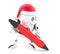 Robot Santa writes something with a pen. Isolated. Contains clipping path