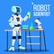 Robot Scientist Laboratory Chemist Standing With Flasks Vector. Isolated Illustration
