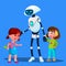 Robot Sets Apart Two Girls Fighting Kids Vector. Isolated Illustration