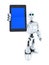 Robot showing touchscreen phone. Isolated. Contains clipping path