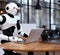 The robot sits in a cafe with a laptop. AI generated