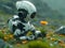 Robot Sitting in Field of Flowers.
