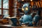 A robot sitting at a table reading a book