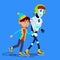 Robot Skates On Ice With Child In Winter Vector. Isolated Illustration